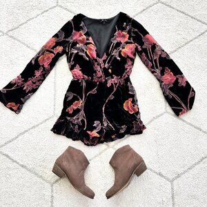 Honey Punch Long-Sleeve Floral Velvet Festival Romper Deep V-Neck & Ruffle Hem